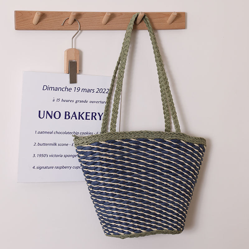 Bolso de paja de un solo hombro con diseño de interés especial en contraste de color, tejido de sarga sencillo, bolso de playa para vacaciones en la playa para mujer 