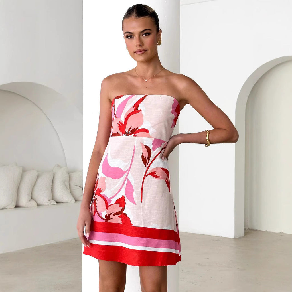 Women Dress Positioning Printed Sexy Chest Wrapped Mini Dress Zemy