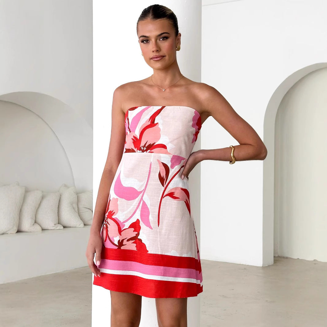Women Dress Positioning Printed Sexy Chest Wrapped Mini Dress Zemy