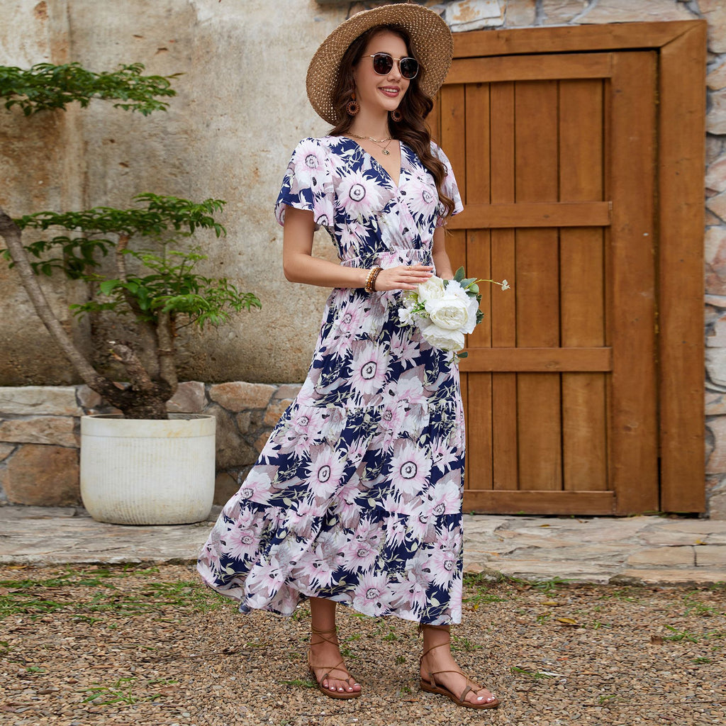 Real Shot Spring Summer Rayon Short Sleeve V neck Slim Fit Figure Flattering Maxi Dress Vacation Dress JoyMer