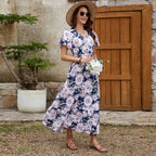 Real Shot Spring Summer Rayon Short Sleeve V neck Slim Fit Figure Flattering Maxi Dress Vacation Dress JoyMer