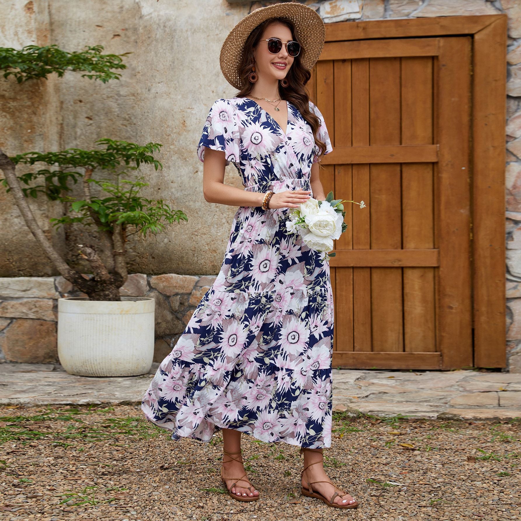 Real Shot Spring Summer Rayon Short Sleeve V neck Slim Fit Figure Flattering Maxi Dress Vacation Dress JoyMer