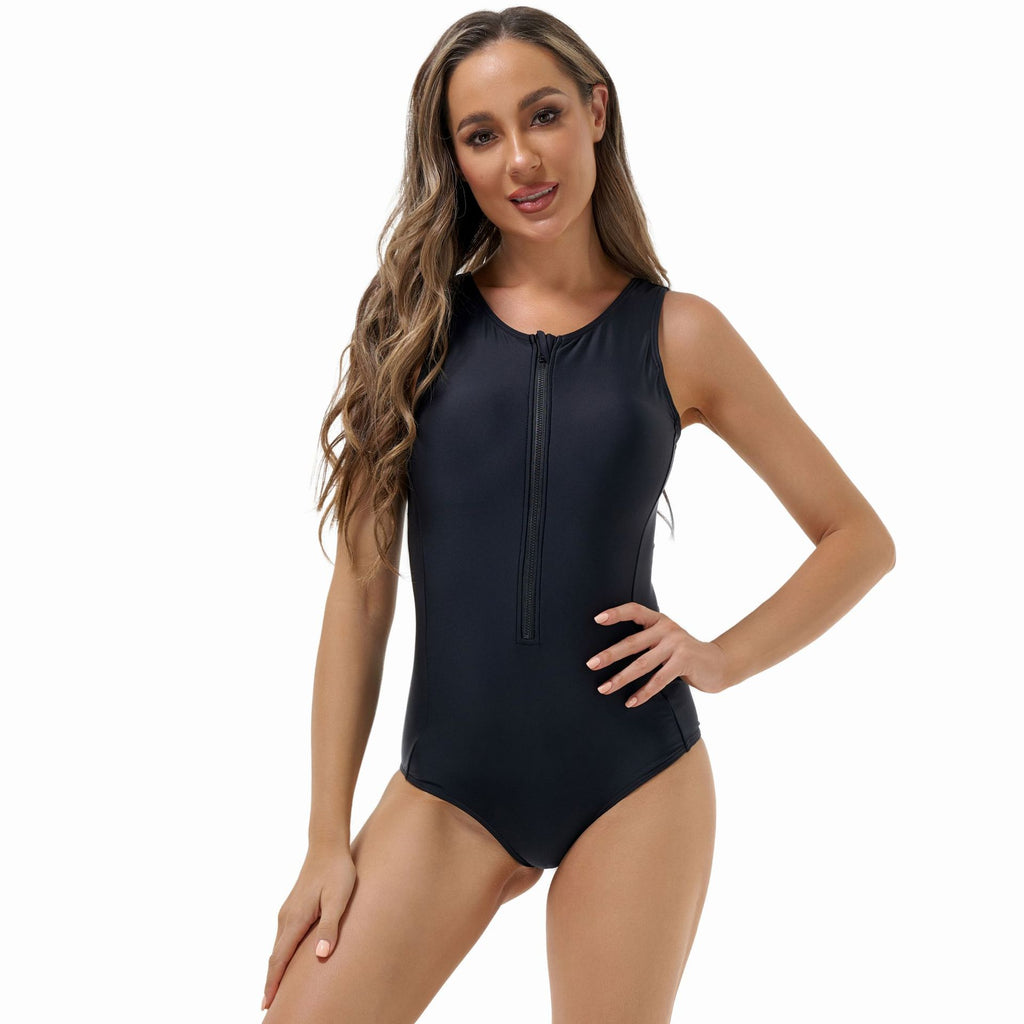 Traje de surf para mujer, de color sólido, sin mangas, triangular, de una pieza, traje de baño conservador.