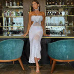 Halter Floral Handmade Maxi Dress Backless Bohemian Sexy Beach Needle Long Knitted Dress Women Havana