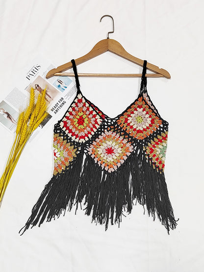 Women Clothing Women Top Pure Hand Crocheting Random Mixed Color Stitching Camisole Tassel Shirt Crochet