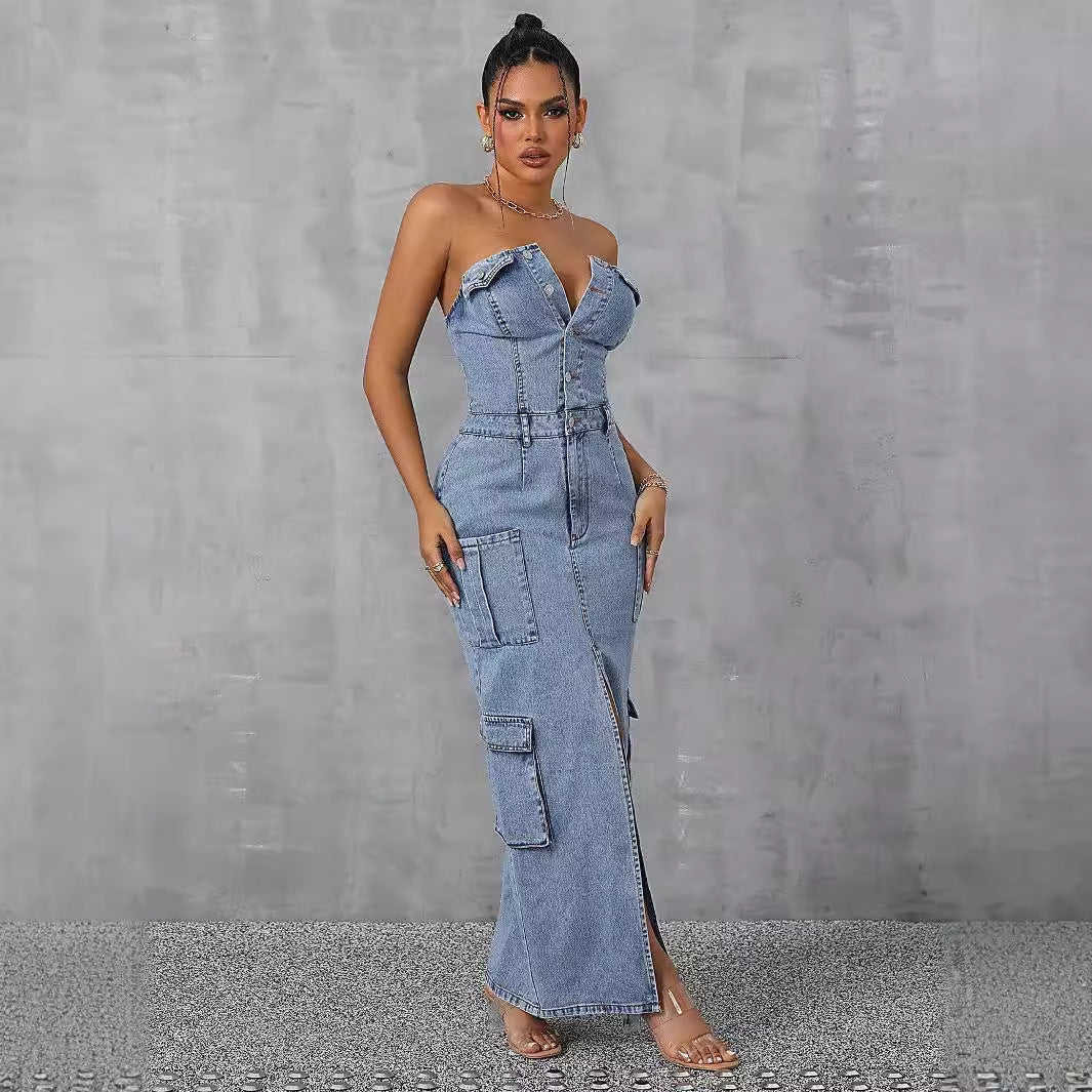 Women Clothing Casual Tube Top Tooling Large Pocket Denim Dress FentyWild