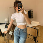 Camiseta blanca para mujer, de manga corta, con hombros descubiertos, adelgazante, cuello redondo, de algodón, estilo vendaje, parte inferior.