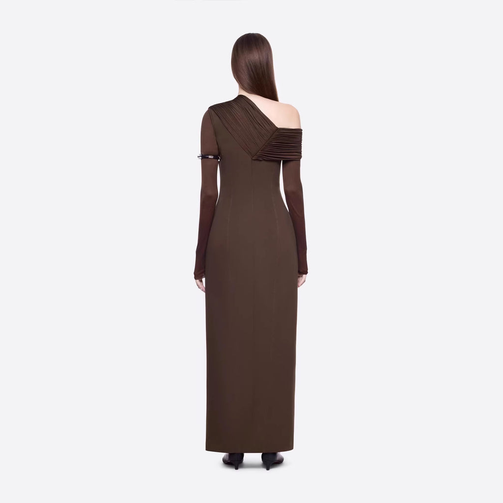 Spring Dark Brown One Shoulder Dress Pleated High Slit Maxi Dress the Dinner Party Host Sight