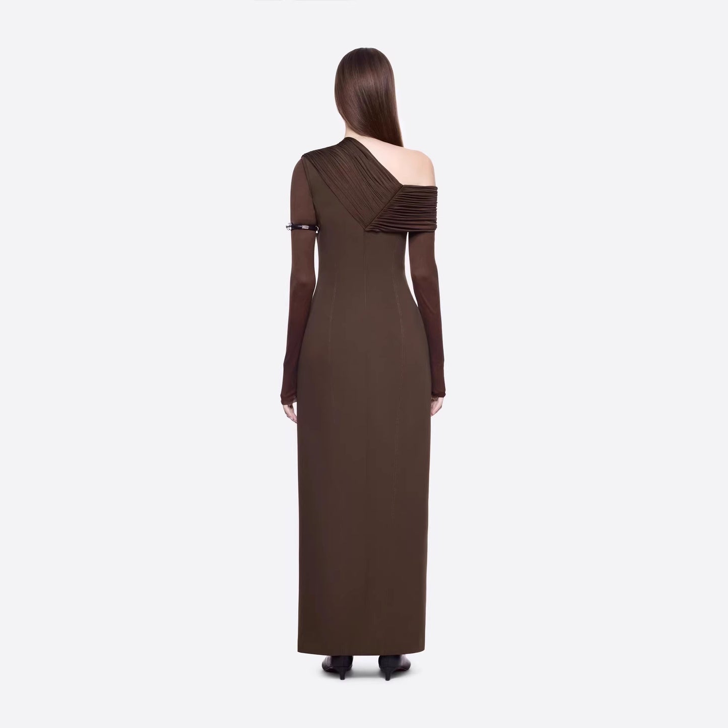 Spring Dark Brown One Shoulder Dress Pleated High Slit Maxi Dress the Dinner Party Host Sight