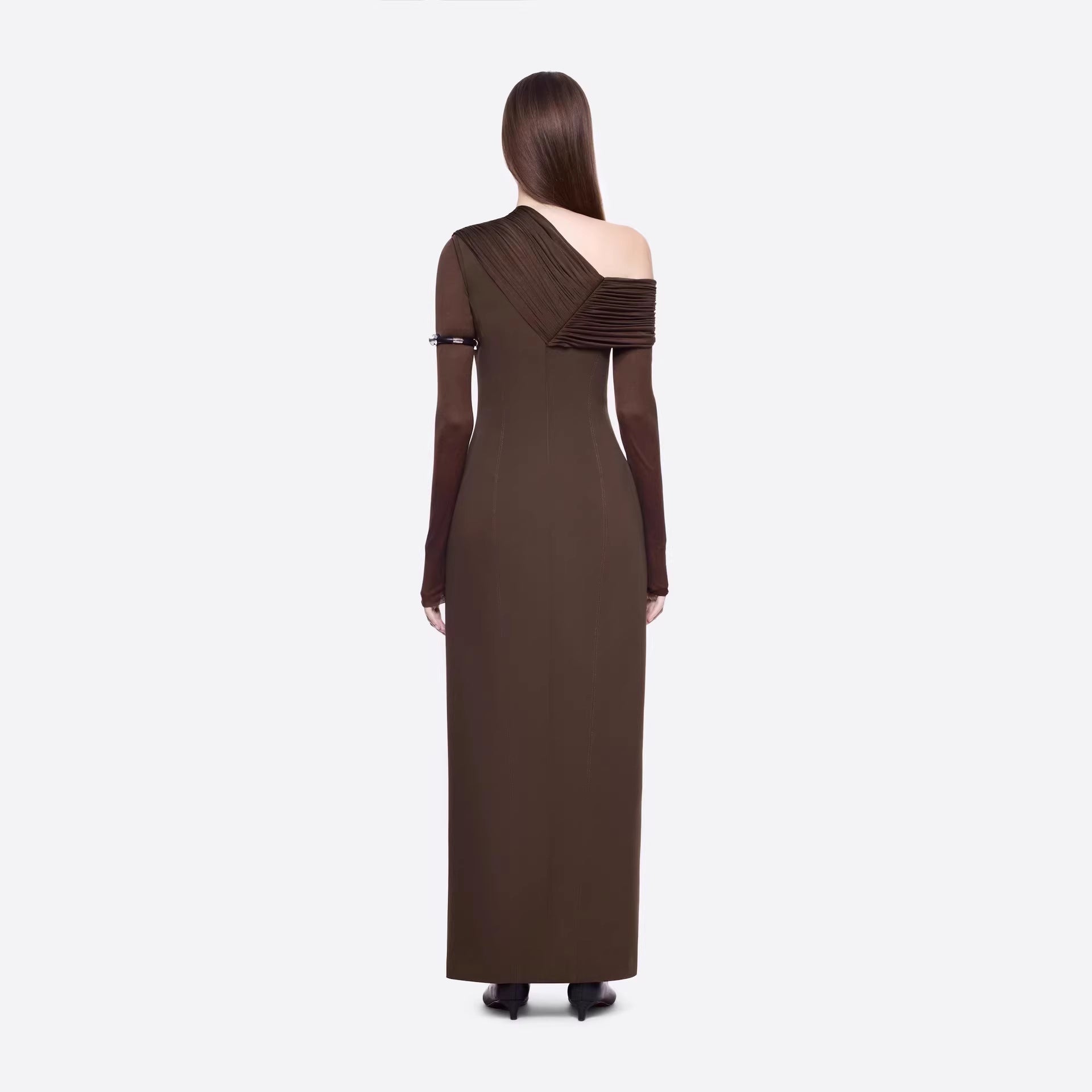 Spring Dark Brown One Shoulder Dress Pleated High Slit Maxi Dress the Dinner Party Host Sight