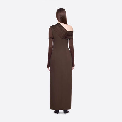 Spring Dark Brown One Shoulder Dress Pleated High Slit Maxi Dress the Dinner Party Host Sight