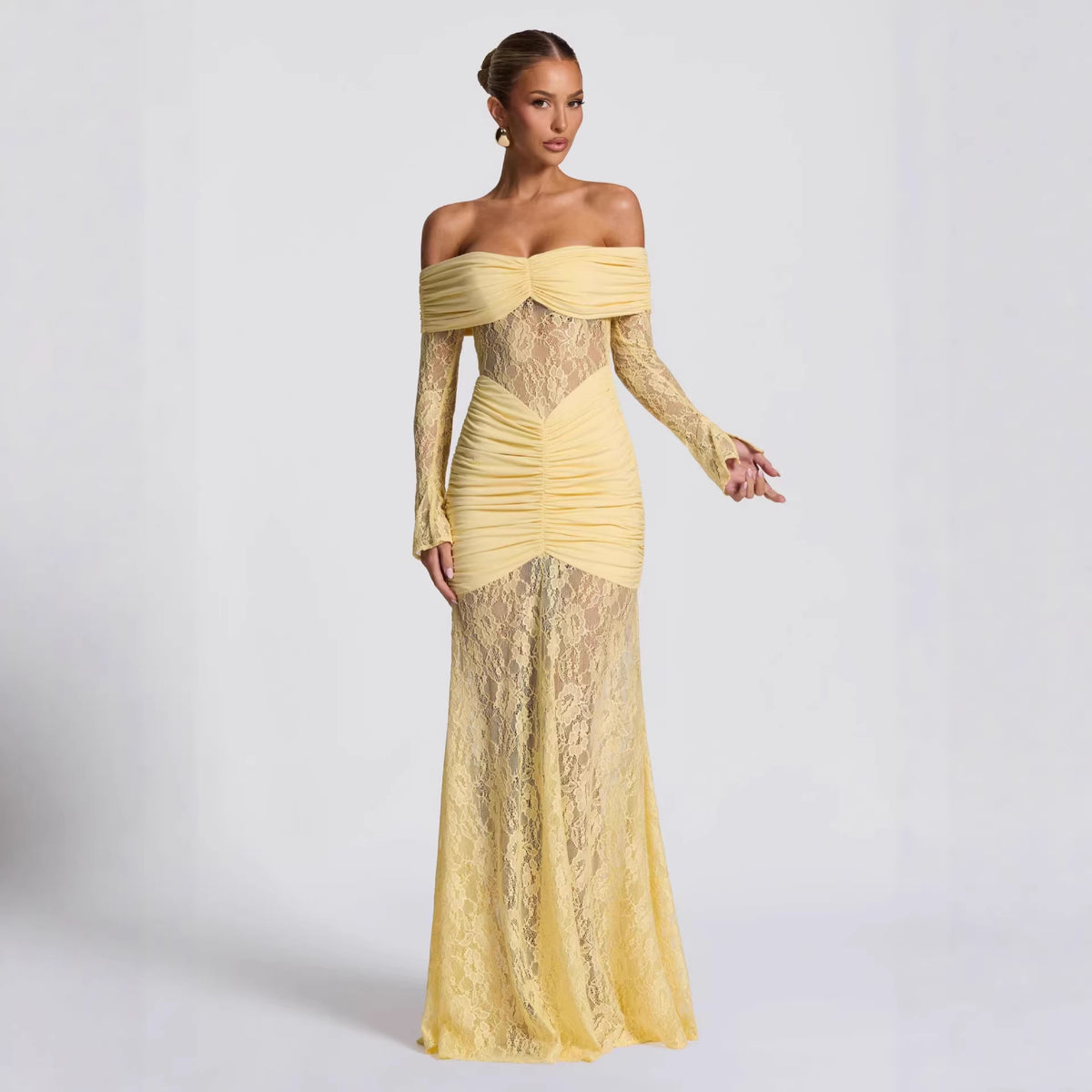 Cutout Lace Stitching off Shoulder Long Sleeve Narrow Dress Sexy Fishtail Evening Dress Venly