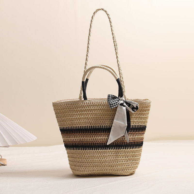Bolso de paja a rayas para hombro, bolso de mano tejido con bufanda de seda para mujer, bolso de playa para vacaciones en la playa 