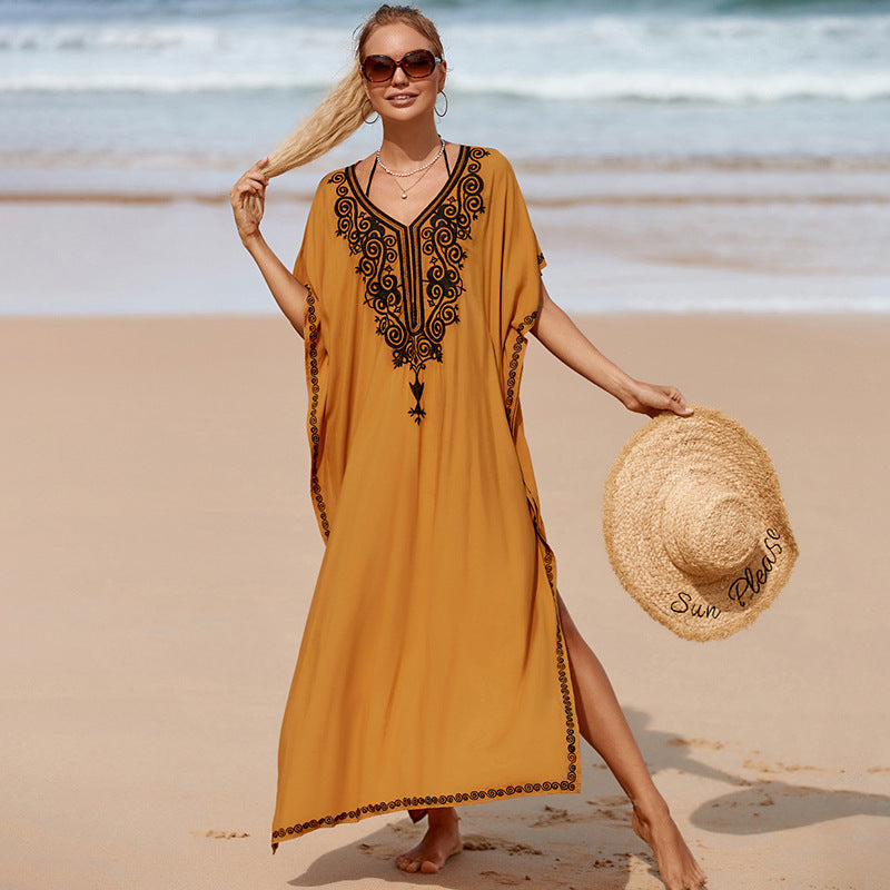 Rayon Turmeric Embroidered Long Skirt Beach Cover up Seaside Vacation Sun Protection Maxi Dress Bikini Swimsuit Outwear Women EvenStar