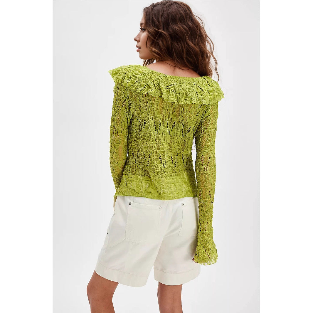 Lace V neck Shirt Women Autumn Ruffles Cardigan Long Sleeve Short Knitted Top Rogan