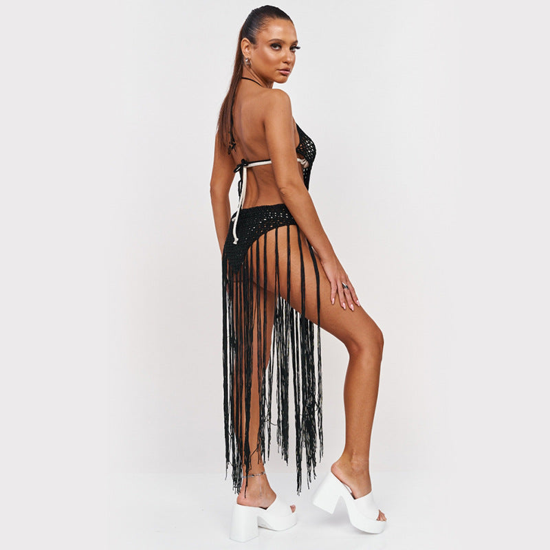 Sexy Hand Crocheting One Piece Tassel Beach Dress Backless Beach Bikini Cover up Sun Protective Clothing Mangar