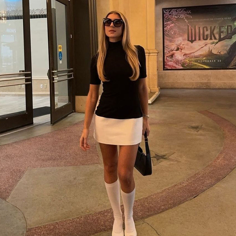 Women Clothing Spring Personality Stitching Contrast Color Half Turtleneck Half Sleeve Skinny Sheath Dress Flash Vision