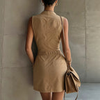 Sleeveless Workwear Dress Fashionable Casual Pocket Zipper Elastic Waist Design Short Dress Venly