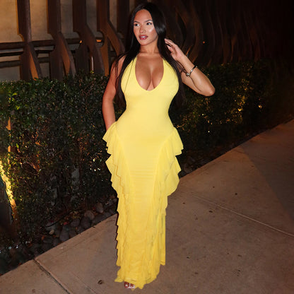 Women Clothing Sleeveless Backless Halter Lace up Bilateral Ruffled Maxi Dress