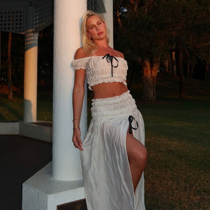 Women Clothing Summer Sexy Vacation off Neck Pleated Top Split Skirt Set