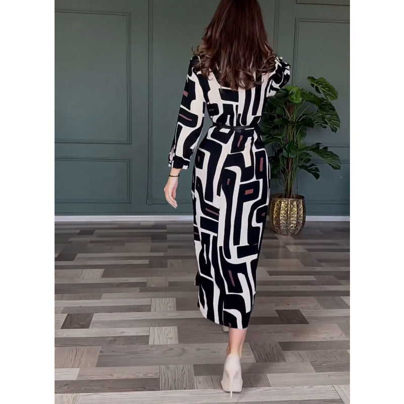 Spring Summer High Sense Geometric Abstract Pattern Printing Elegant Graceful Women Dress Fifiant