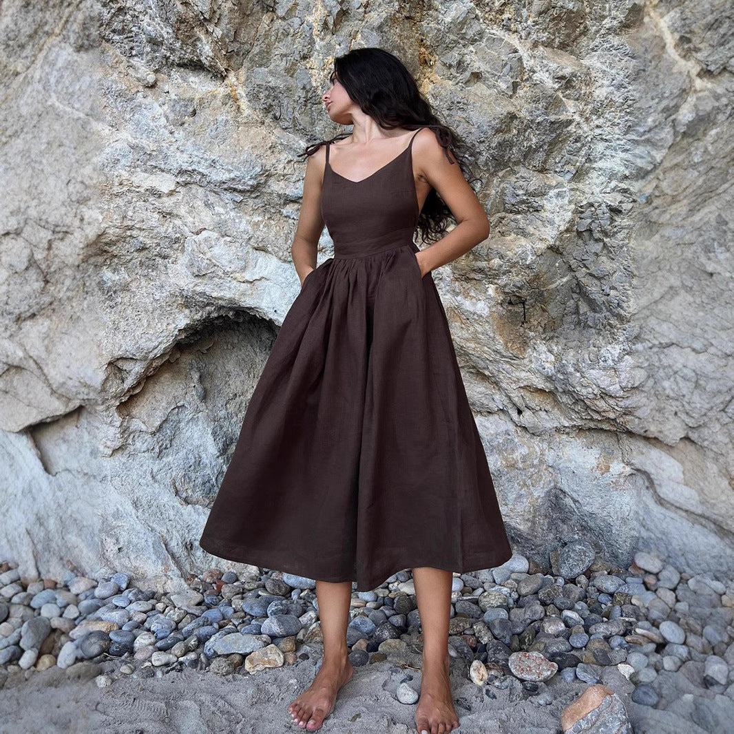 Pure Cotton V neck with Shoulder Straps Women Spring Elegant Sexy Lace up Backless Dress BlueLine