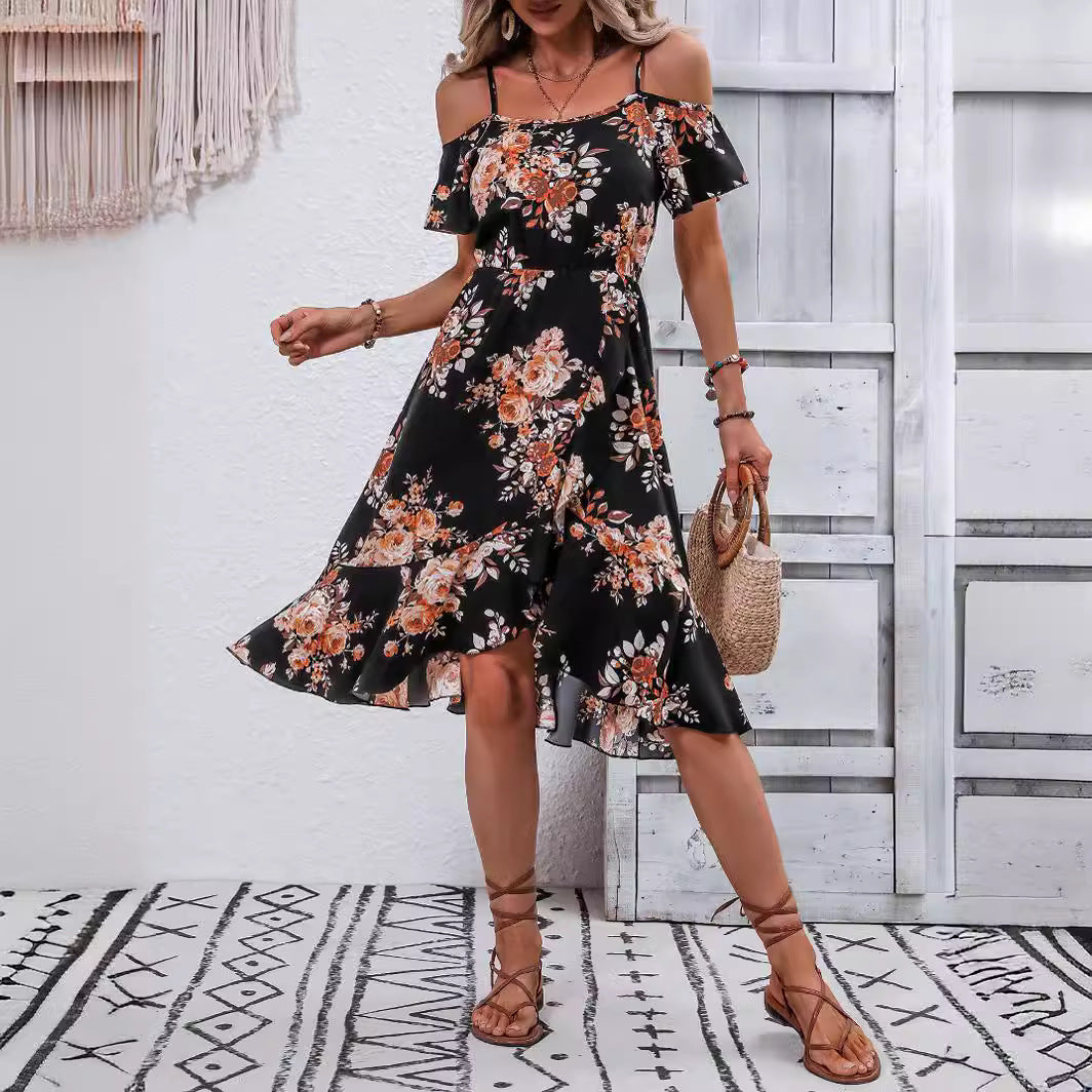 Women Clothing Summer Floral Print Slit Sling Dress NEWMELANCE