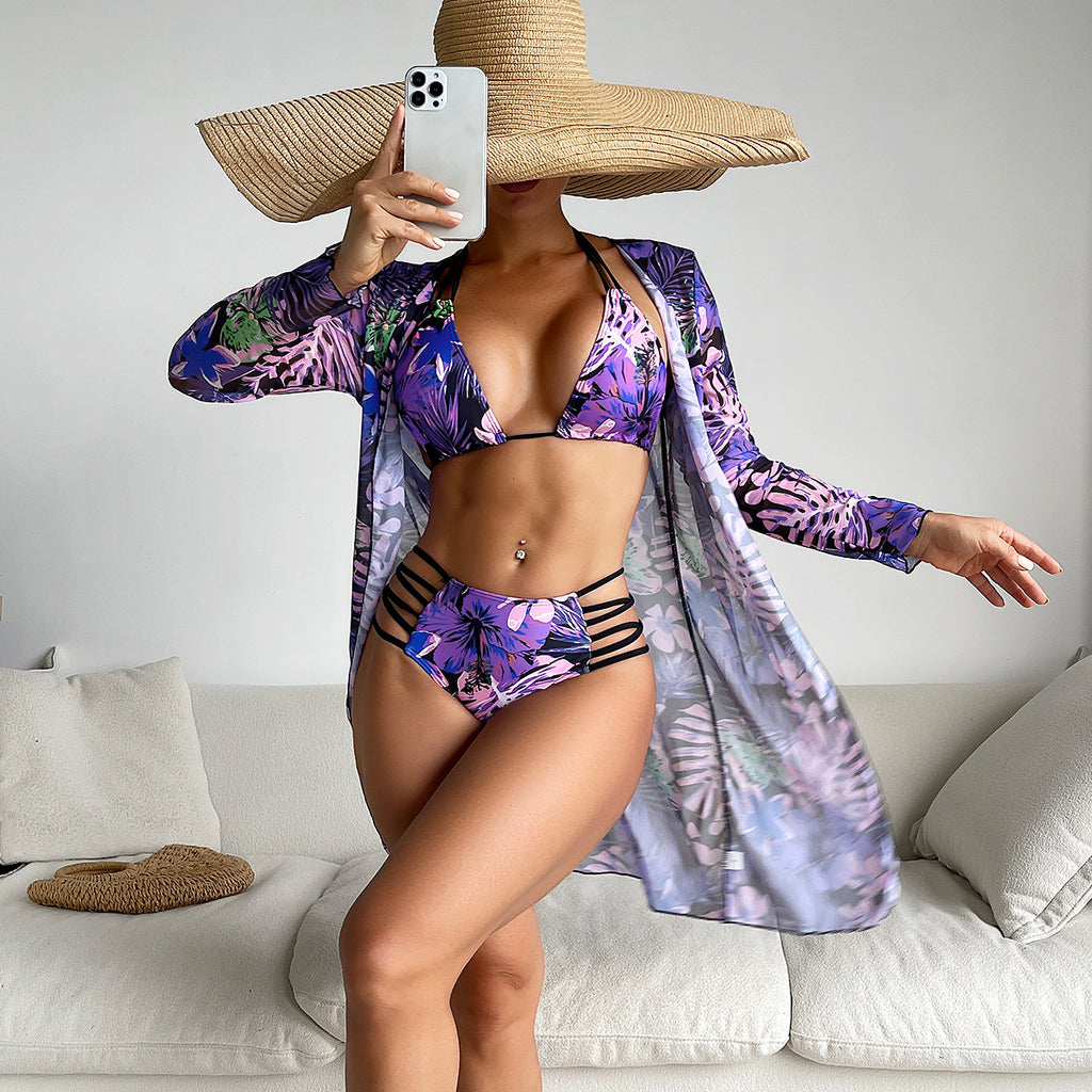 Maillot de bain trois pièces pour femme, imprimé, manches longues, bikini