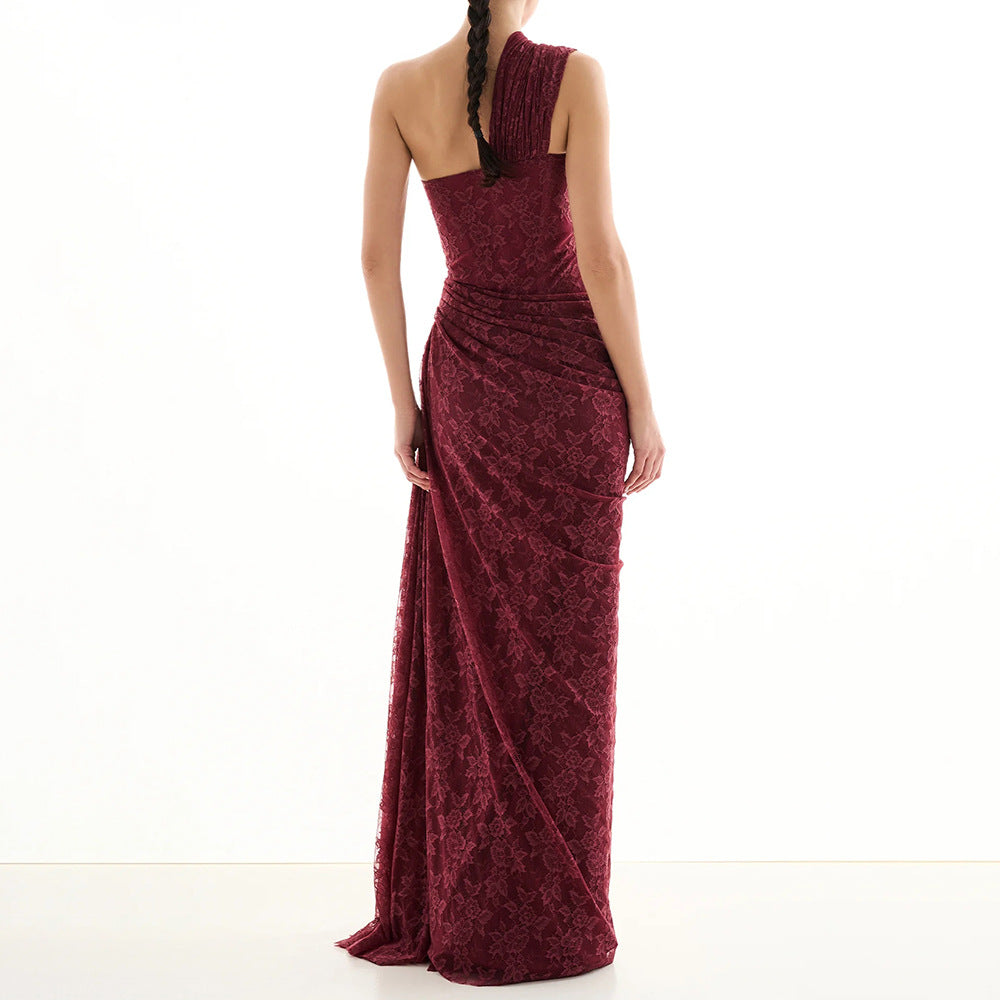 Women Sexy Deep V Plunge Neck Backless Hip Hugging Burgundy Dress Lace Pleated Fishtail Dress Sight