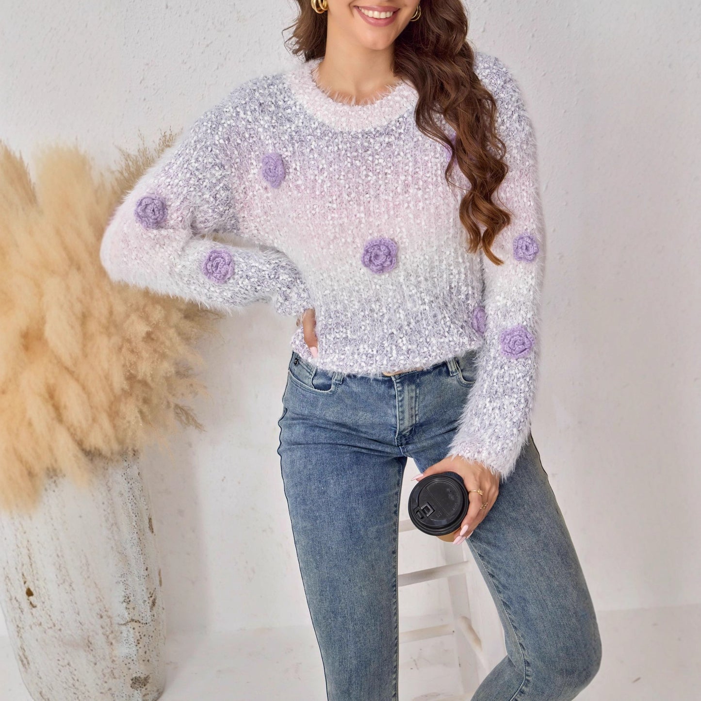 Autumn Winter round Neck Loose Three Dimensional Floral Gradient Sweater Sweet Youthful Looking Soft Glutinous Warm Beautiful Sweater
