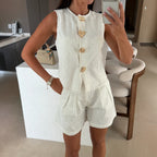 Summer Loose Sleeveless Denim Shorts Set Casual High Waist Two Piece Set YooYoung