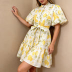 French Casual Printed Dress Small Stand Collar Single Breasted Puff Sleeve Lace up Cinched Short Dress Women Ory