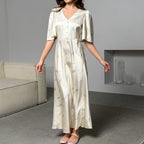 French V neck Floral Women Advanced Satin Short Sleeve High Waist Elegant Maxi Dress Kigali