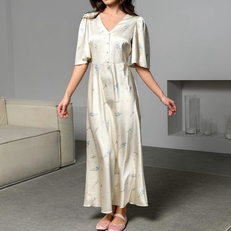 French V neck Floral Women Advanced Satin Short Sleeve High Waist Elegant Maxi Dress Kigali