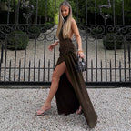 Women Clothing Solid Color Mesh Patchwork Slit Halter Sexy Backless Elegant Dress YIMAIL
