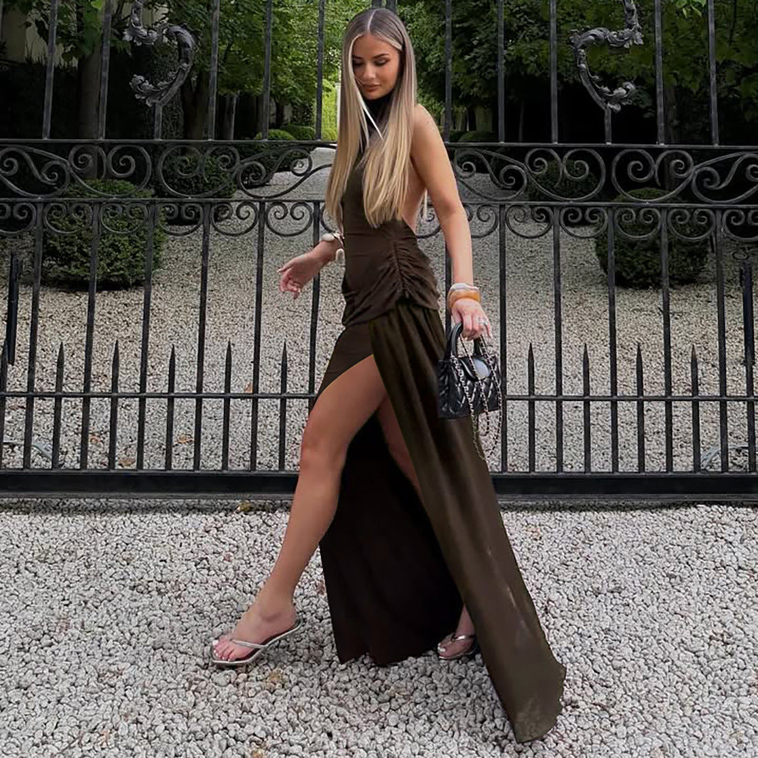 Women Clothing Solid Color Mesh Patchwork Slit Halter Sexy Backless Elegant Dress YIMAIL