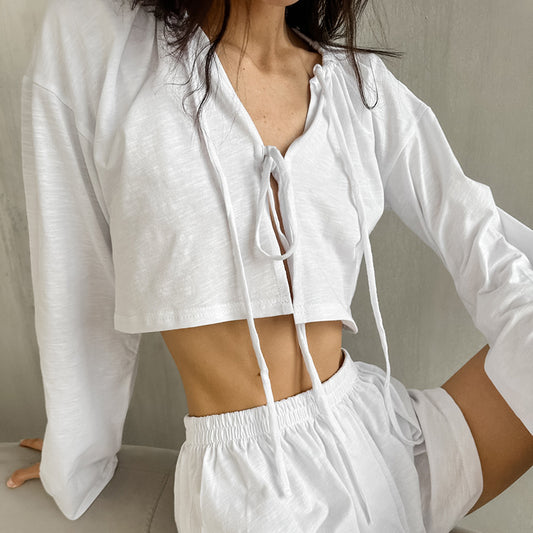 Cárdigan de algodón puro blanco de primavera con cordones para mujer, ropa de casa informal de manga larga, pantalones cortos, pijama, conjunto de dos piezas