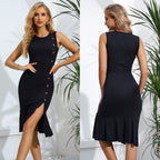 Summer Single Breasted Solid Color Knitted Slim Sexy Round Neck Sleeveless Dress Women Clothing SHEILA