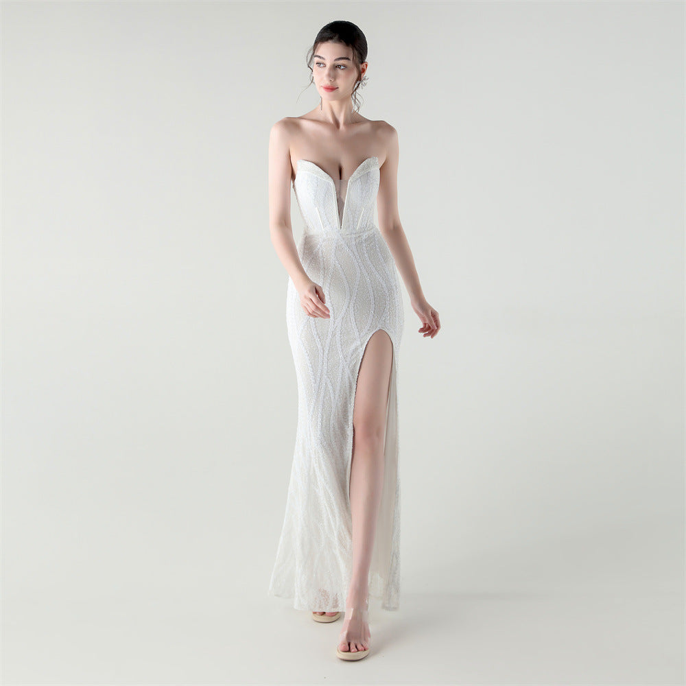 Boning Corset Waist Tight Heavy Industry Beads Heart Shaped Collar Sequined Evening Dress Luxury Cocktail Evening Dress