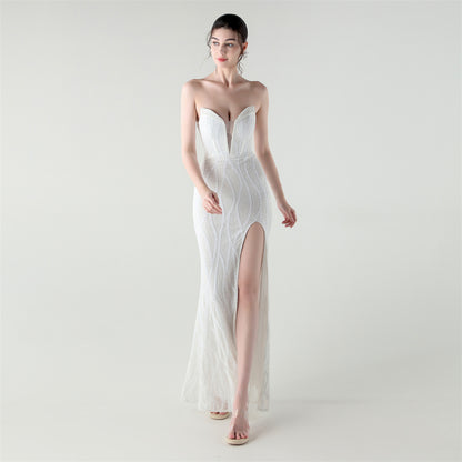 Boning Corset Waist Tight Heavy Industry Beads Heart Shaped Collar Sequined Evening Dress Luxury Cocktail Evening Dress