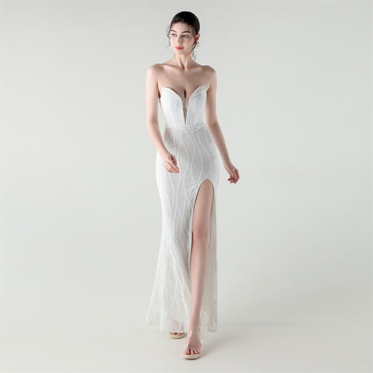 Boning Corset Waist Tight Heavy Industry Beads Heart Shaped Collar Sequined Evening Dress Luxury Cocktail Evening Dress