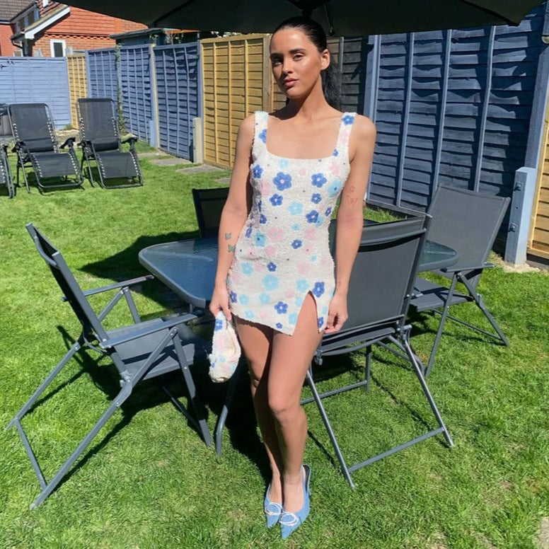 Robe fourreau sexy fendue à motif floral coloré printemps-été