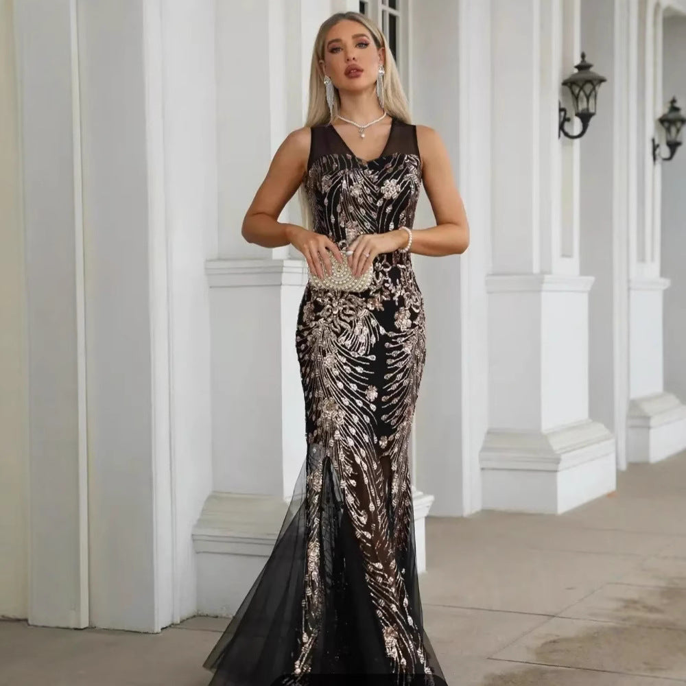 Robe de soirée sans manches à manches courtes et sequins en résille, style sirène, pour femme