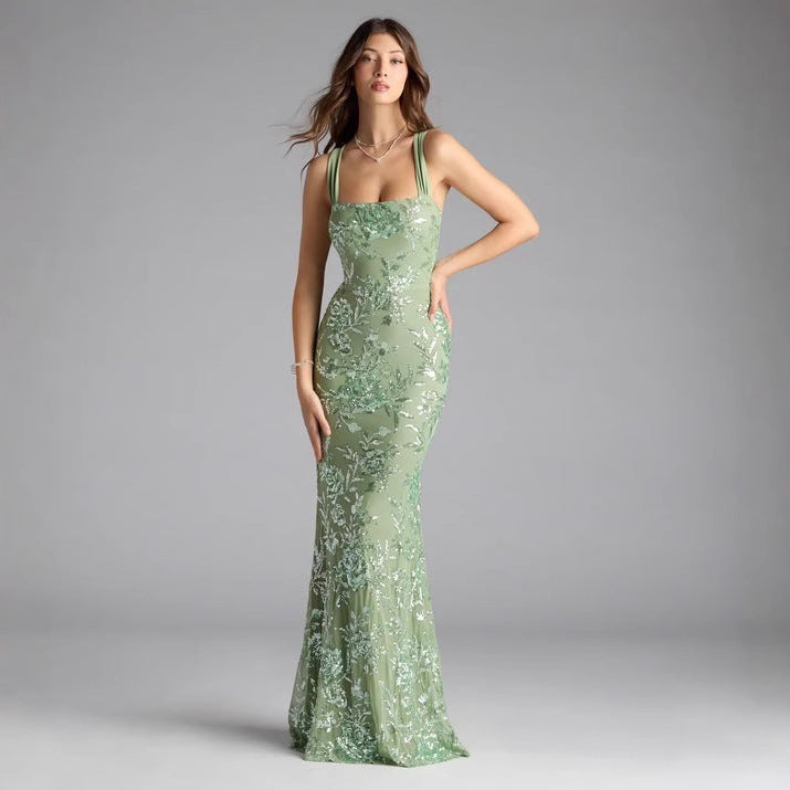 Vestido de mujer primavera verano sexy tirantes espalda descubierta abertura alta vestido de socialité