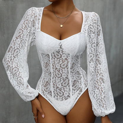 Mono blanco de manga larga con costuras de encaje para mujer de otoño