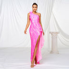 Women Clothing One Shoulder Diagonal Collar Slim Fit Sheath Sequined Split Cocktail Evening Dress