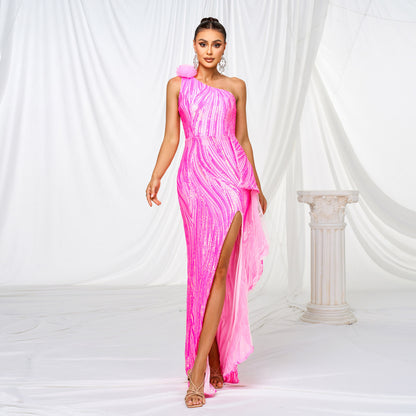 Women Clothing One Shoulder Diagonal Collar Slim Fit Sheath Sequined Split Cocktail Evening Dress