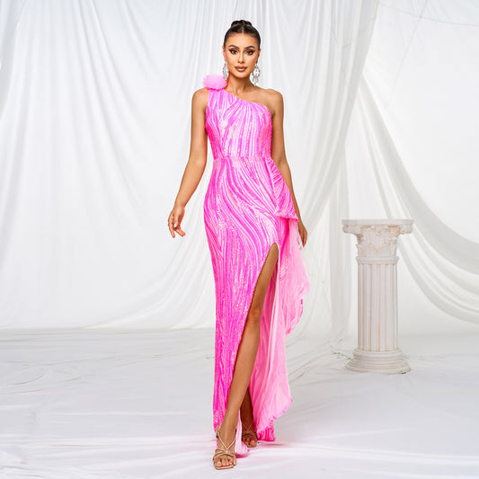Women Clothing One Shoulder Diagonal Collar Slim Fit Sheath Sequined Split Cocktail Evening Dress