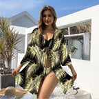 Conjunto de bikini de tres piezas con protección solar, traje de baño de manga larga con estampado multicolor para mujer