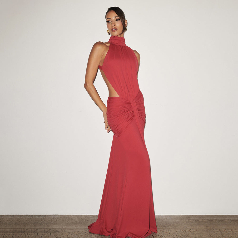Halter Pleated Slim Fit Maxi Dress High Neck Sexy Backless Cocktail Dress FDxojjc